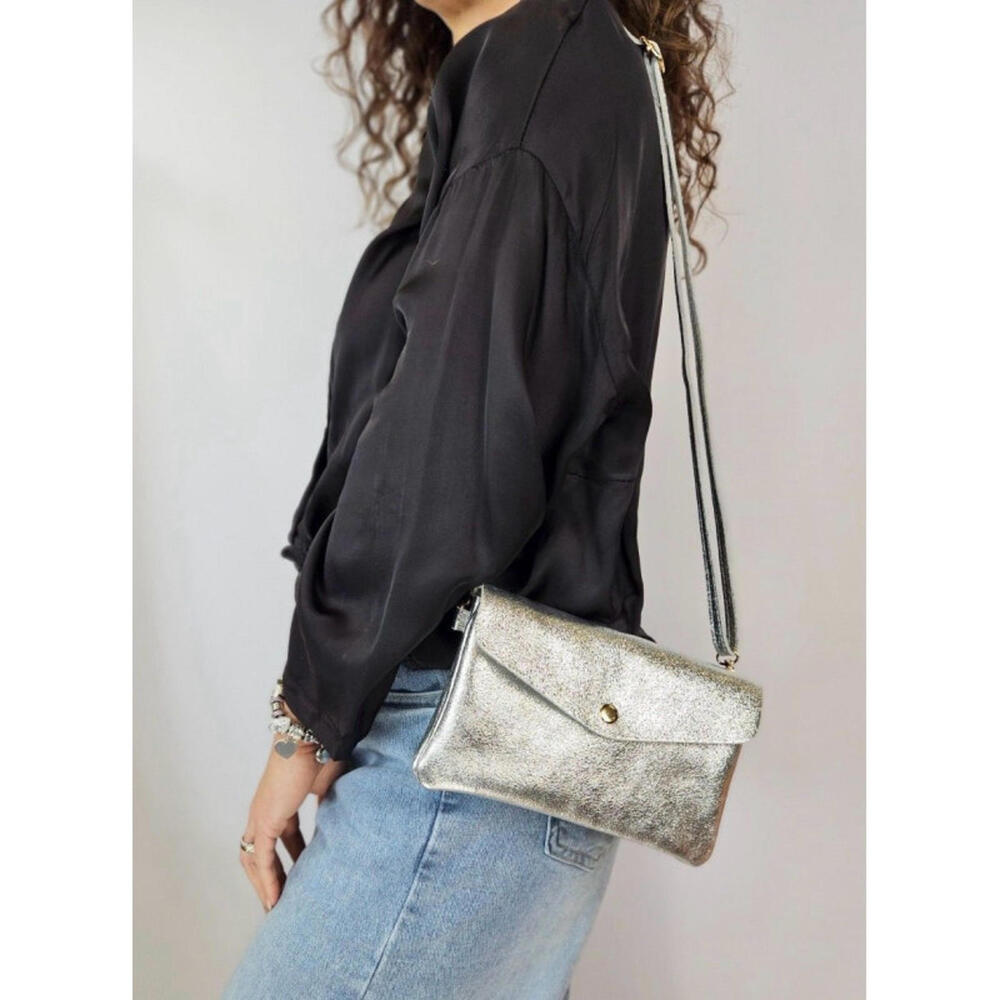 Metallic Clutch Bag with Strap Italian Leather Shoulder Bag Handcrafted Luxury